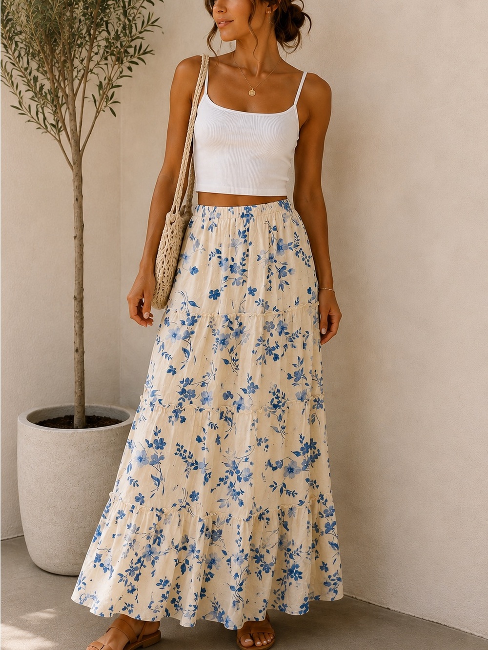 Hollister Cream Blue Floral Tiered Maxi Skirt Size Large Cottagecore Coastal